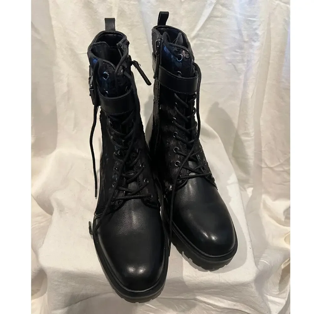 NEW Guess Leather Allover Sequins Ankle Fashion Moto Boots Black Women's 40/9.5